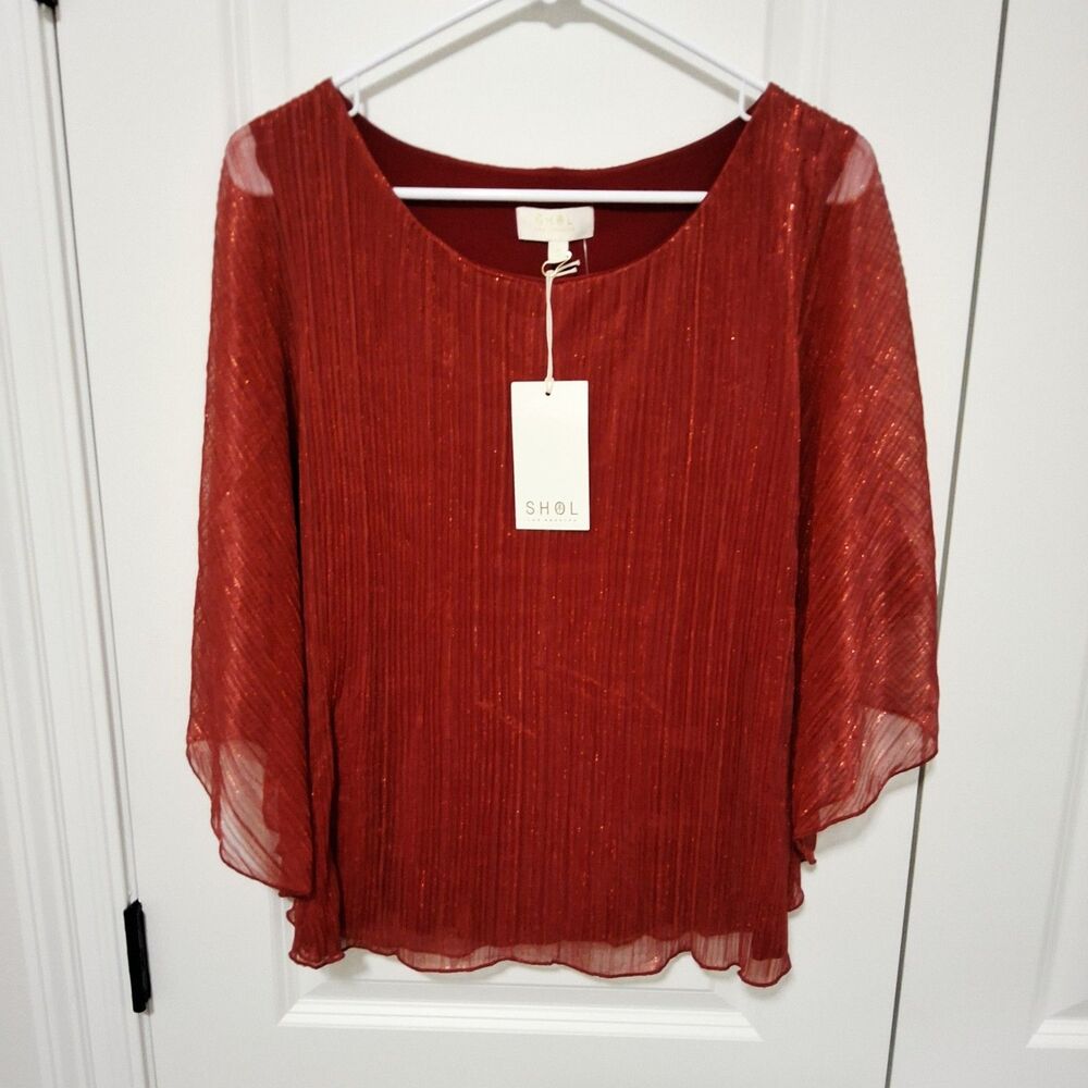 SHOL Women's Red Metallic Shimmer Flowy Dressy Christmas Party Blouse Small NWT